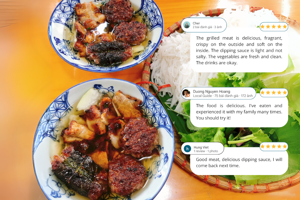Bun Cha Que Tre Binh Chung is rated an average of 4.6 stars across all 3 locations on Google Review